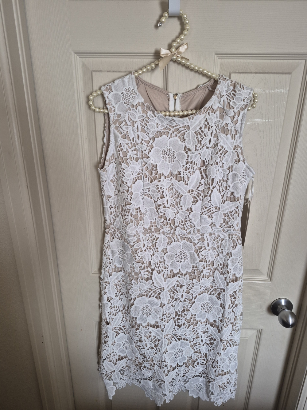 Size L Ryan MIchelle  White Lace Overlay Sheath Dress - Nude Lining